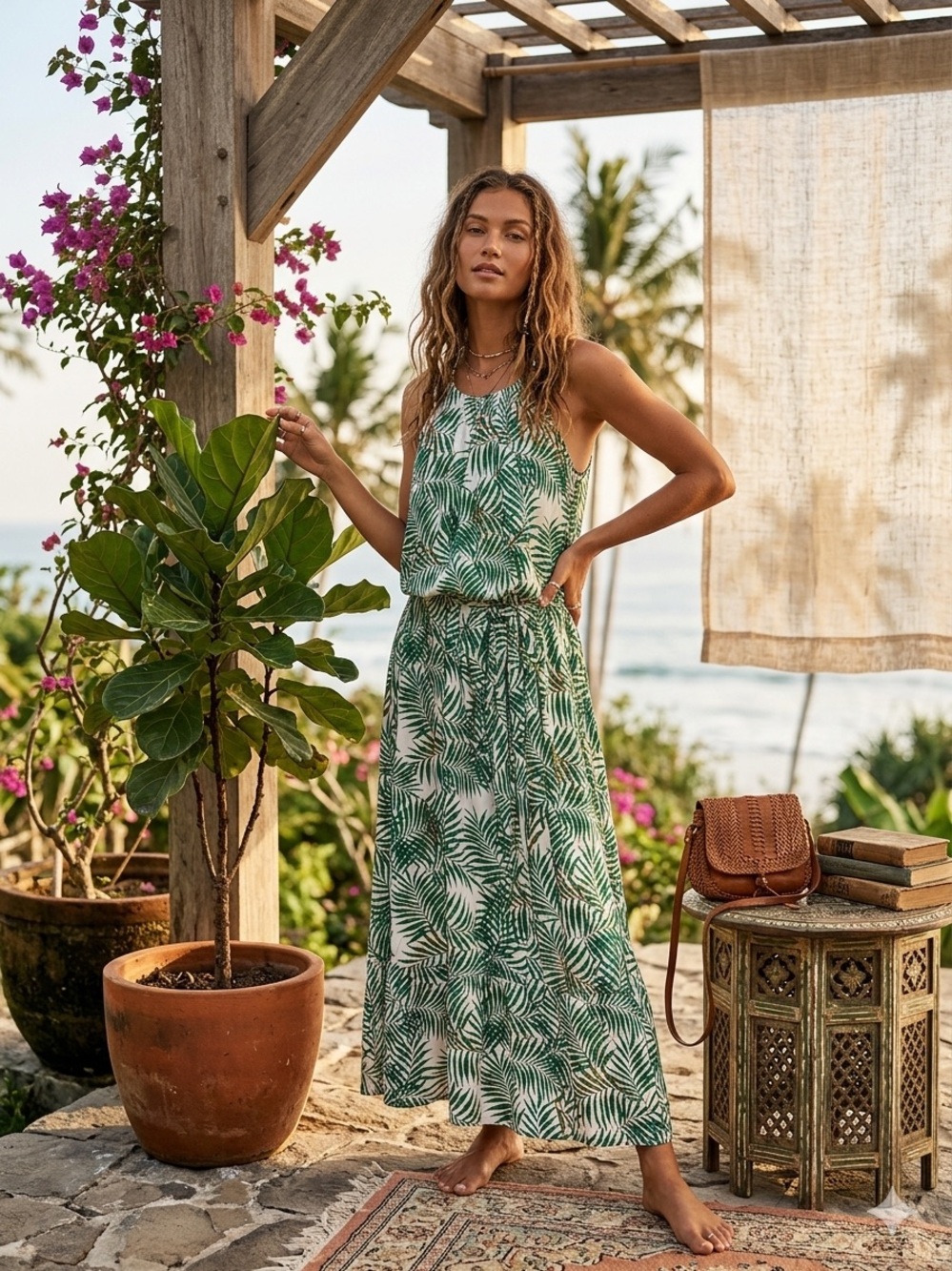 Loft Palm Flounce Halter Midi Dress - Green/White